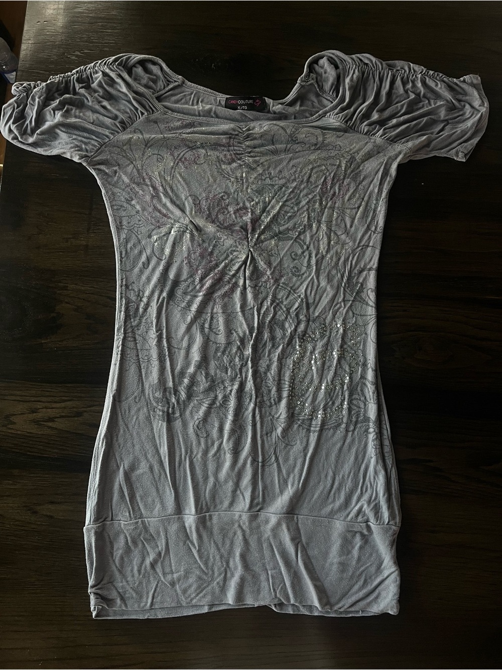 Women's Gray Embellished Ruched Sleeve Tunic